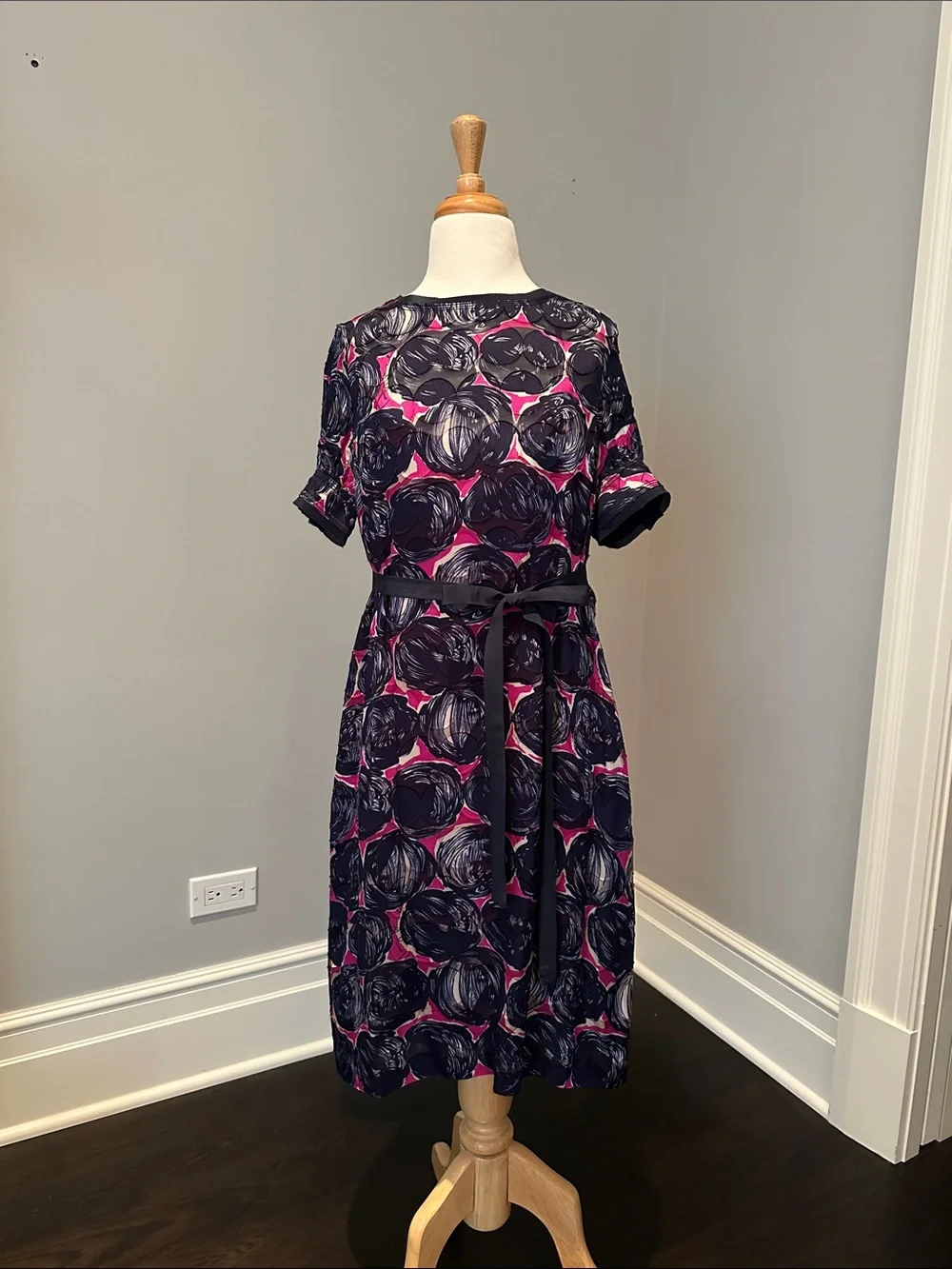 Tory Burch Navy and Pink Polka Dot Belted Dress
